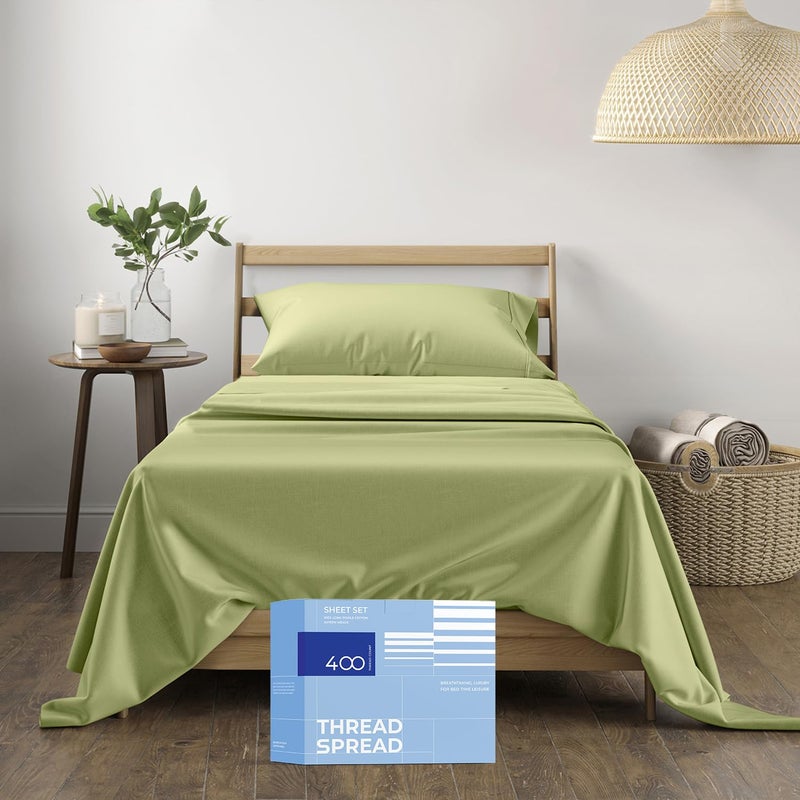 THREAD SPREAD 100% Cotton Sheets Twin Size - 400 Thread Count Cotton Bed Sheets Twin, 3 PC Set (Sage Green), Luxury Soft, Breathable, Cooling, Sateen Weave 16" Deep Pocket Bedsheet for Dorm Rooms - Image 1